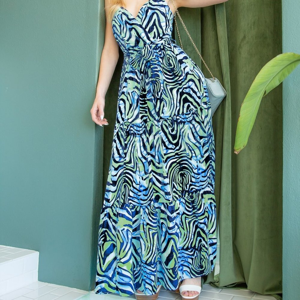 NWT She And Sky Surplice Cami Printed Woven Tiered Maxi Dress In Navy